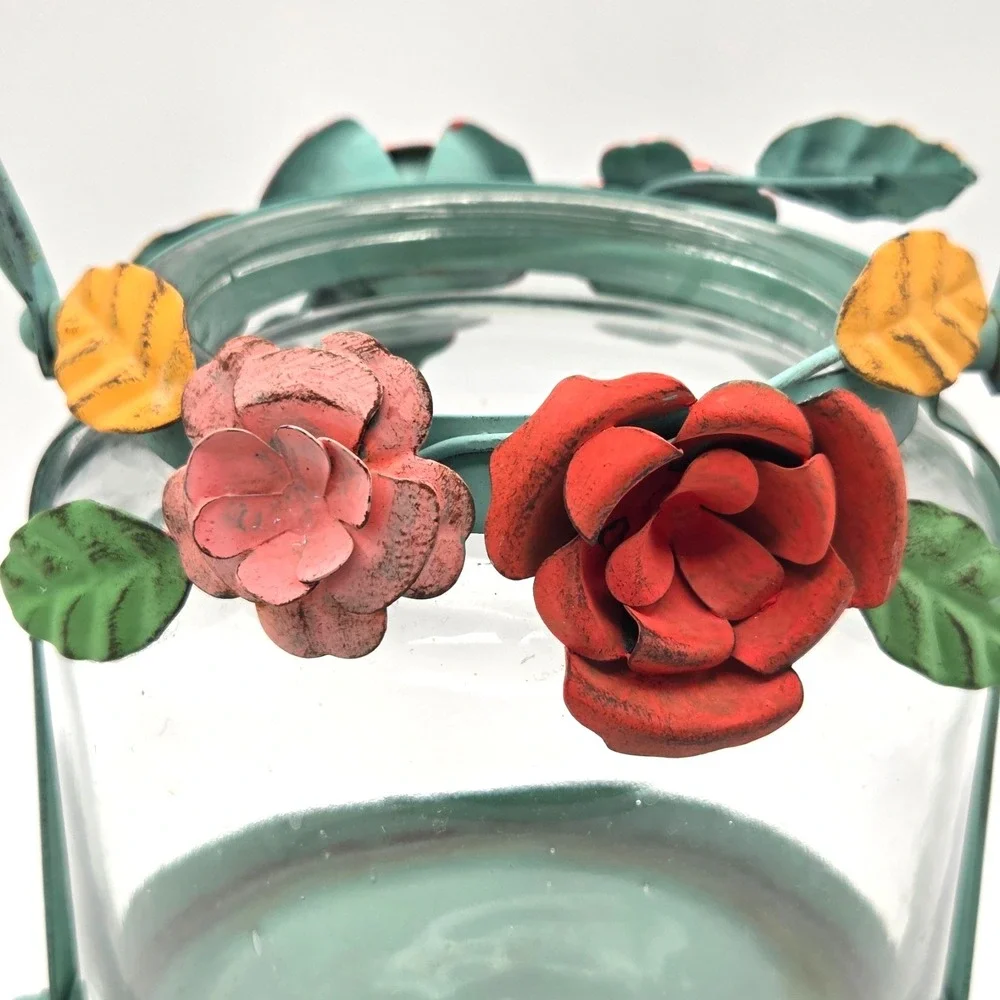 Green Metal Candle Holder Lantern with Flowers Cottagecore Garden‎ Decor